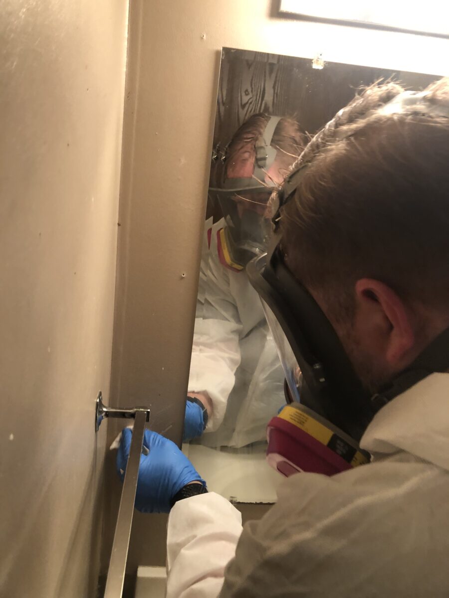 Specialized drug lab cleanup equipment and protective safety gear used during decontamination.