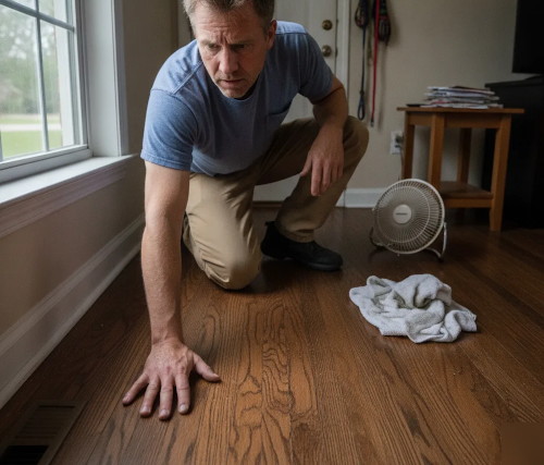Man croached down touching a hardwood floor floor witha look of ocncern on his face