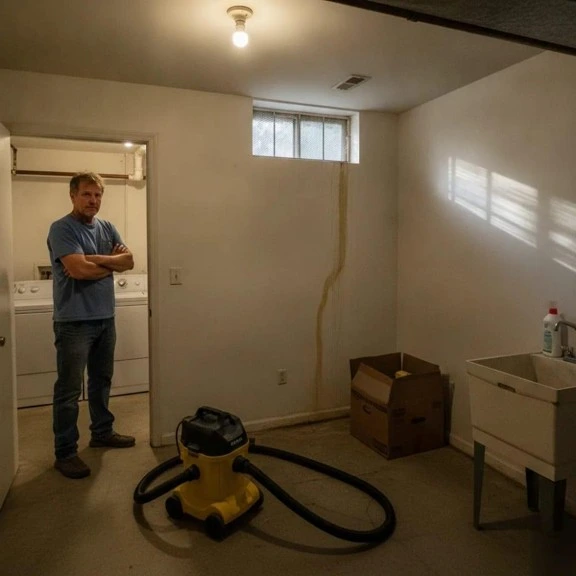 A restoration contractor standing by a stained basement wall during a Marietta water damage restoration job.