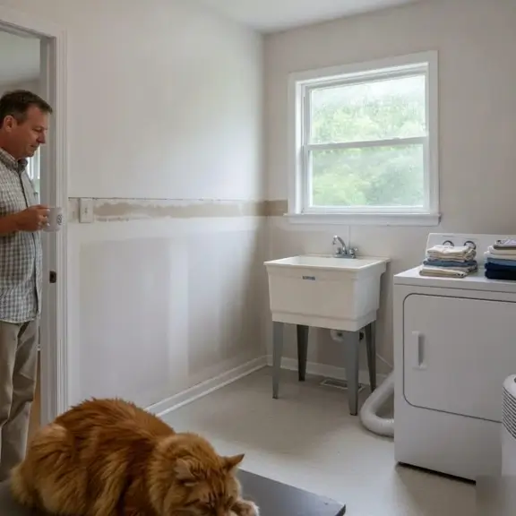 A clean, restored laundry room with a washing machine and sink after Marietta water damage restoration.