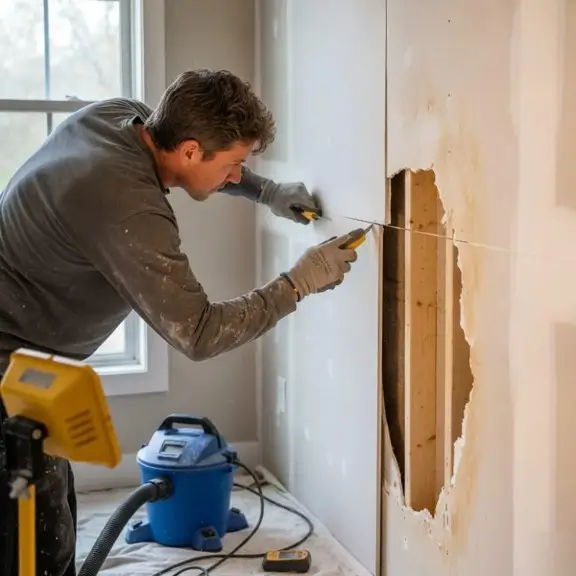 A contractor cutting drywall next to a broken wall during a Marietta water damage restoration project.