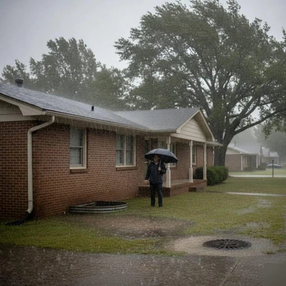 A homeowner standing under an umbrella during heavy rain outside a brick home before Marietta storm water damage restoration.