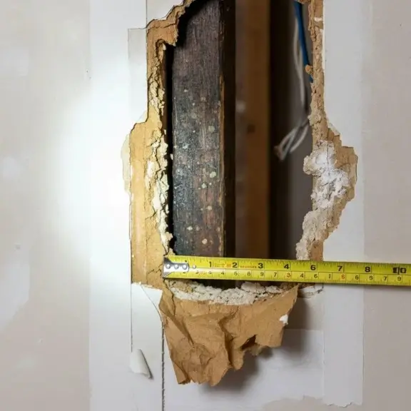 Measuring a broken wall cavity during a Marietta water damage restoration inspection.