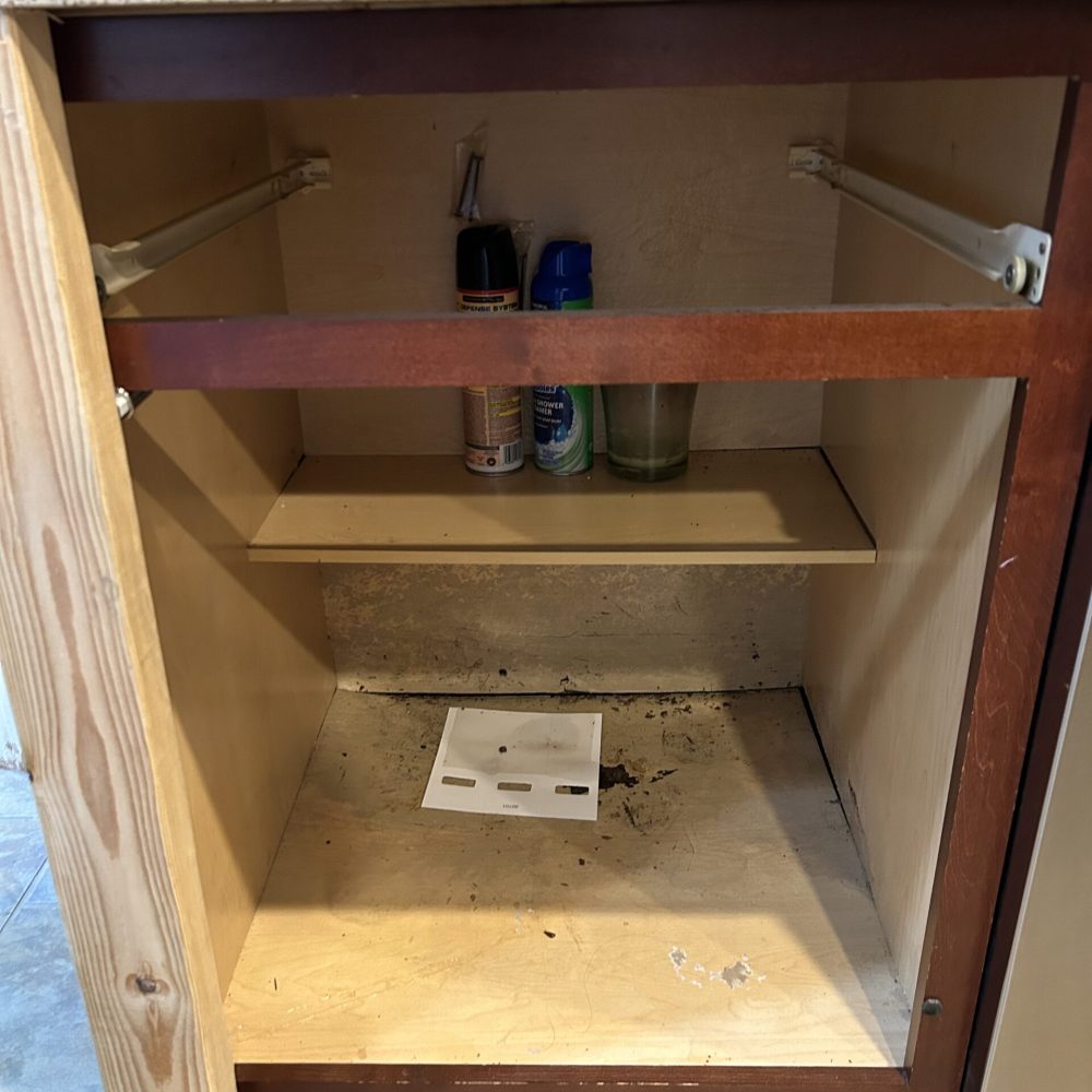 Technician using air quality testing equipment to measure mold spore levels in a crawl space during remediation project.